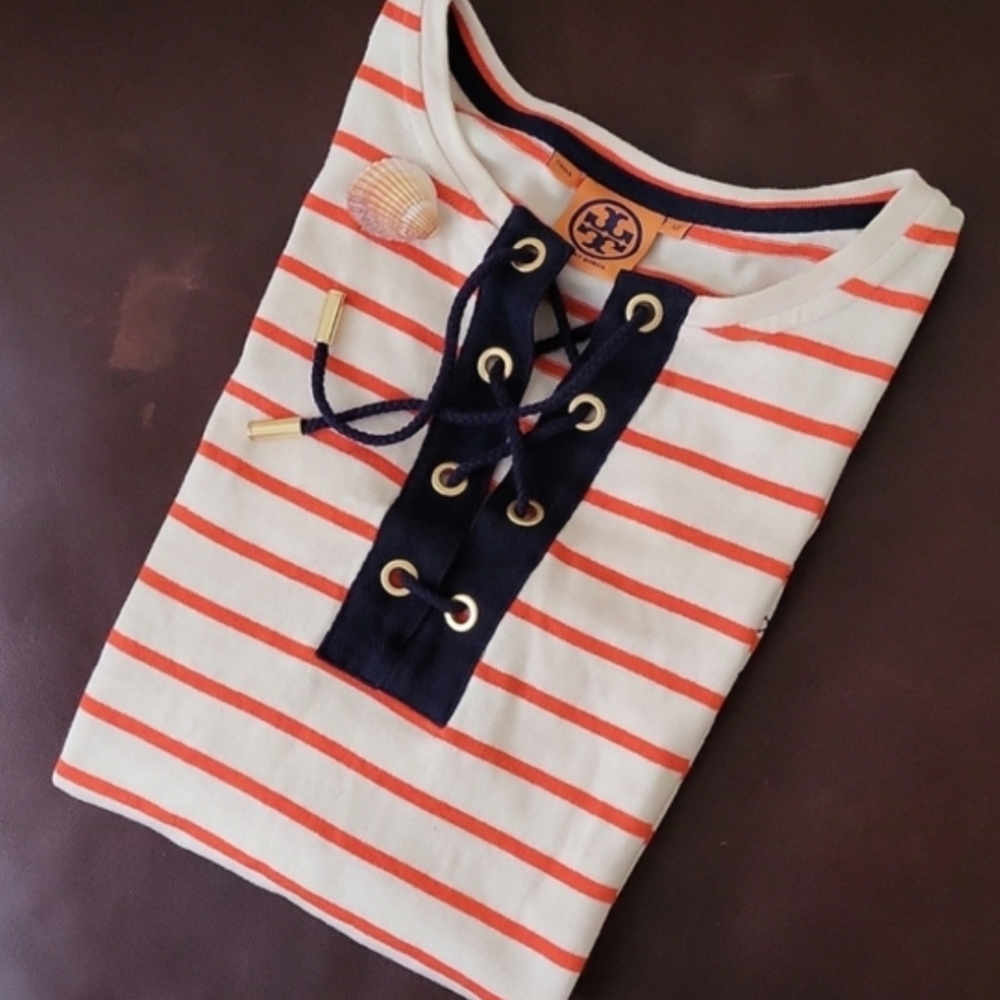 Tory Burch Striped Lace-Up Nautical Top with Navy Accents